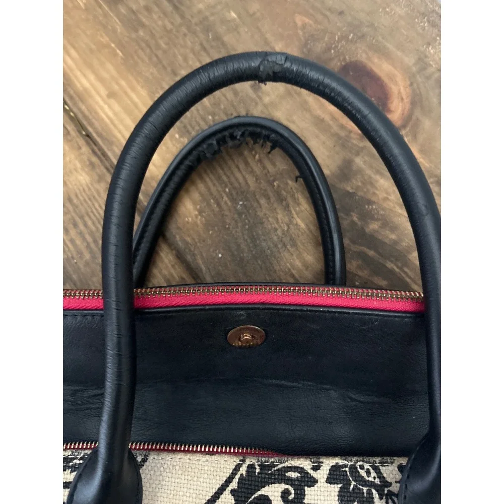 Spartina 449 Satchel Bag Black Cream Paisley Linen Leather Trim Gold Hardware